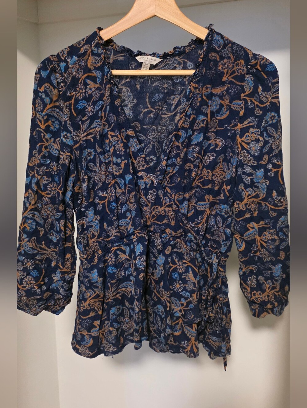 Lucky Brand Navy Blue Floral Peplum Wrap Blouse